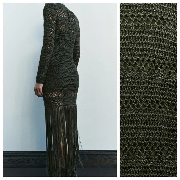 NWT. Zara Green Crochet Lace Dress with Fringe. Lining is missing. Size L. - Picture 4 of 14